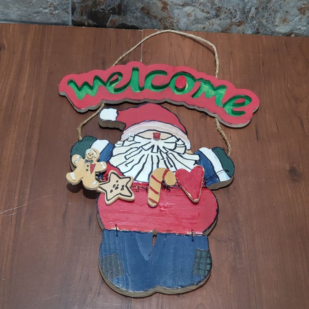 Christmas Decor Welcome Santa Claus Wall Hanging Wood Plaque Door Hanger